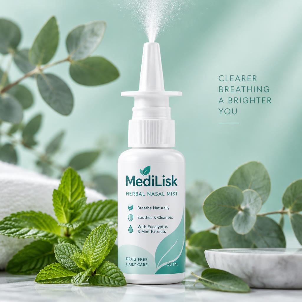 MediLisk Lung Cleansing Spray bottle surrounded by fresh eucalyptus and mint leaves